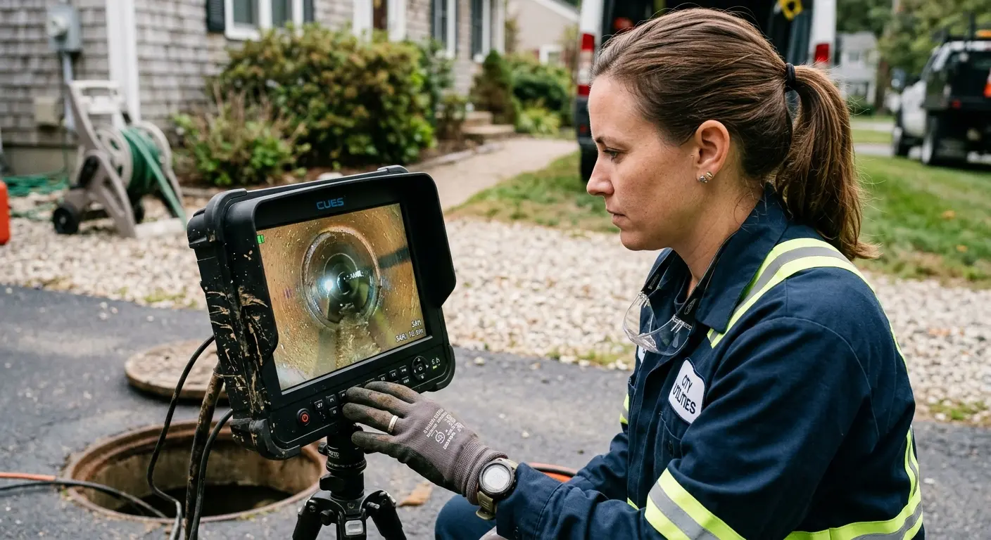Technician reviewing sewer camera inspection footage in Binghamton