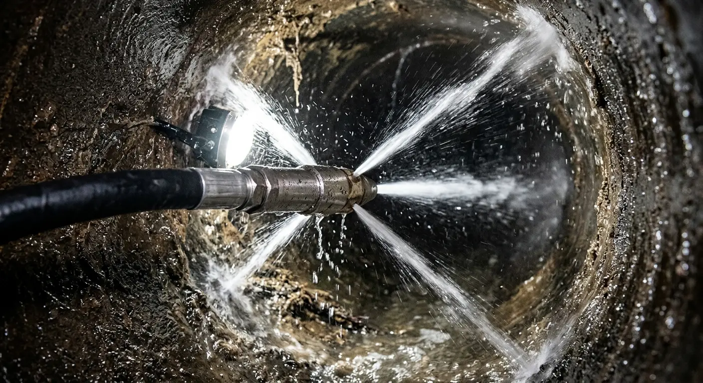 High-pressure hydro jetting nozzle cleaning sewer pipe for Emergency Drain Service in Binghamton