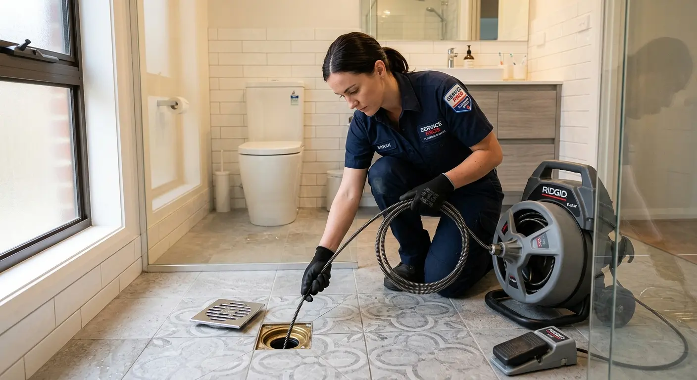 Technician clearing a bathroom floor drain for Clogged Drain Repair in Binghamton